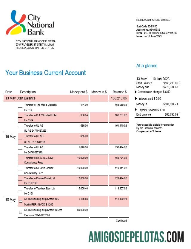 Imprimível City National Bank Of Florida Firm modelo de extrato de conta Word e PDF